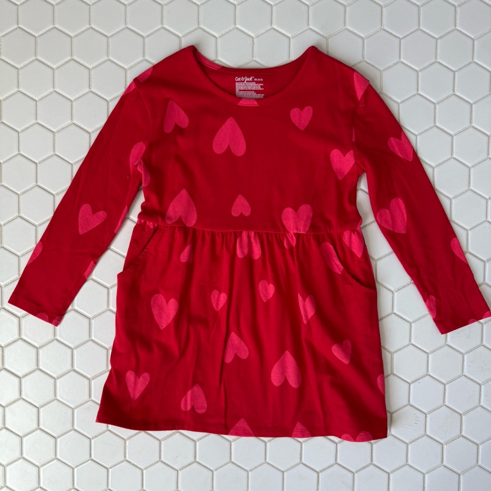 Red Long Sleeve Dress with Pink Hearts